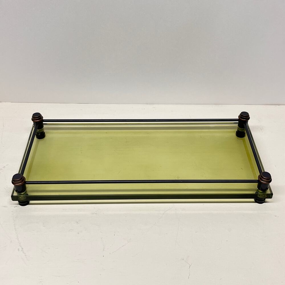 Green Glass Footed Vanity Tray